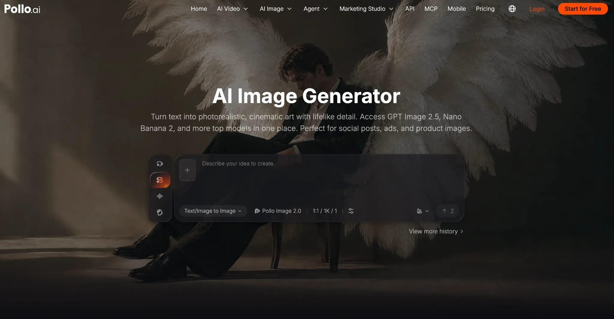 A user interface for an AI image generator with text input and artistic background.