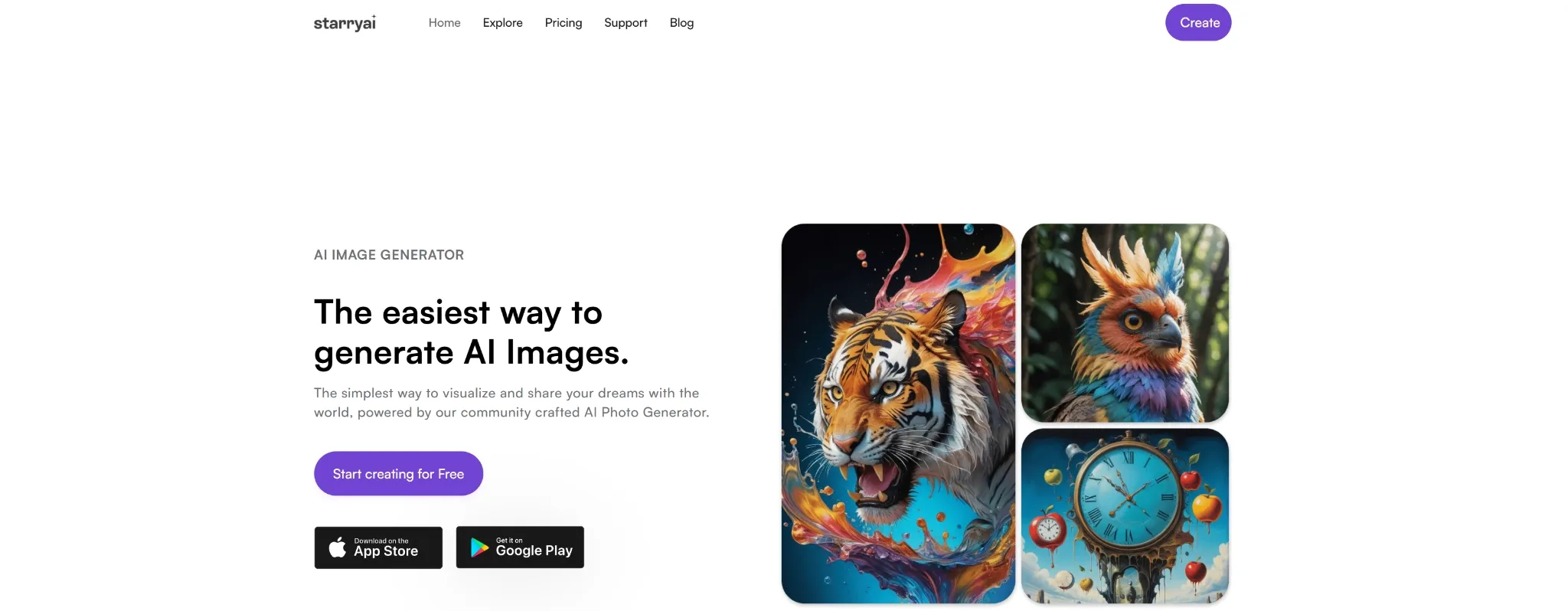 Uma exibição vibrante de imagens geradas por IA, apresentando um tigre, um pássaro colorido e um relógio surreal.