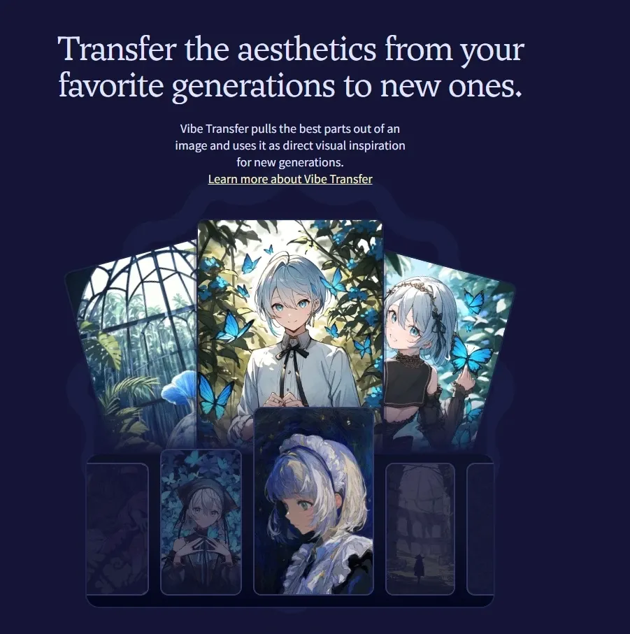 AI image vibe aesthetic transfer function page, displaying multiple derivative anime works with consistent painting style