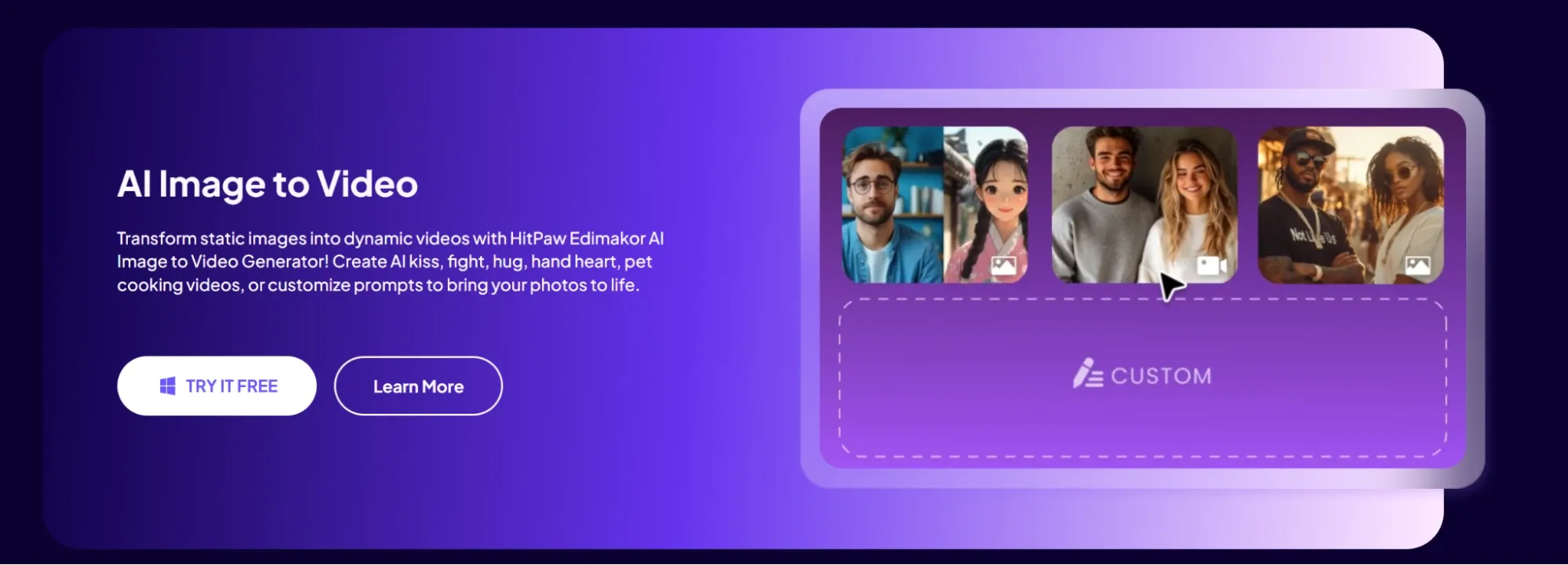 Gradient purple AI image to video generator product introduction page