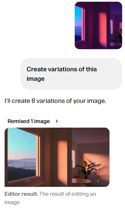 AI image variation generation interface showing the function of generating 8 image variations from reference picture