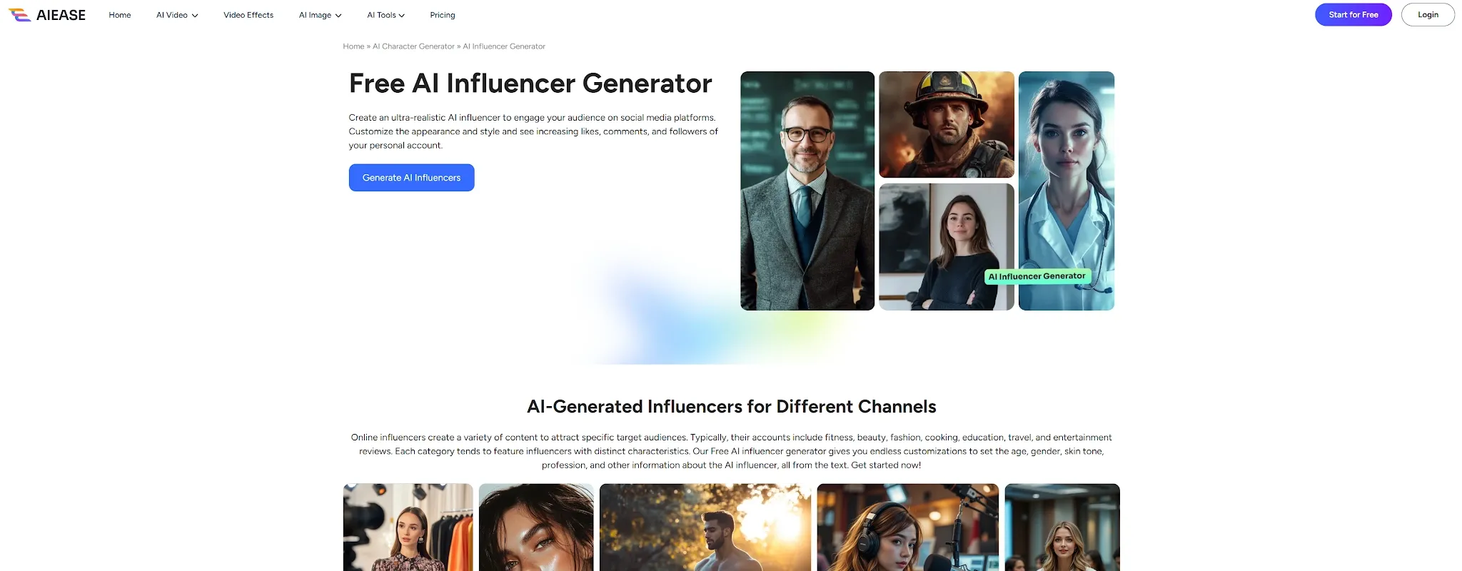 Une page web présentant un générateur d'influenceurs IA avec des images de personnages variés.