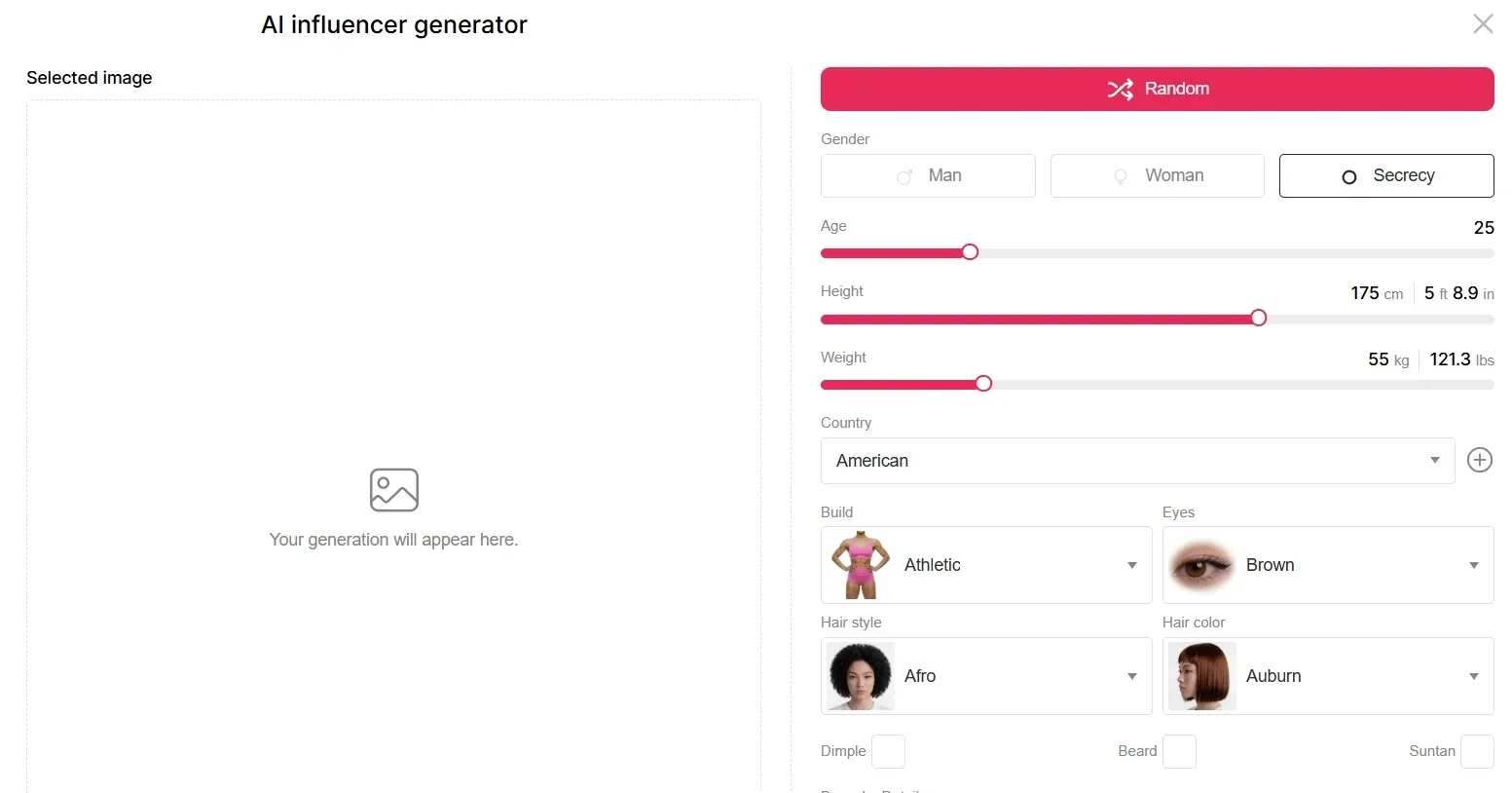 Panel de personalización del generador de influyentes de IA con ajustes de apariencia