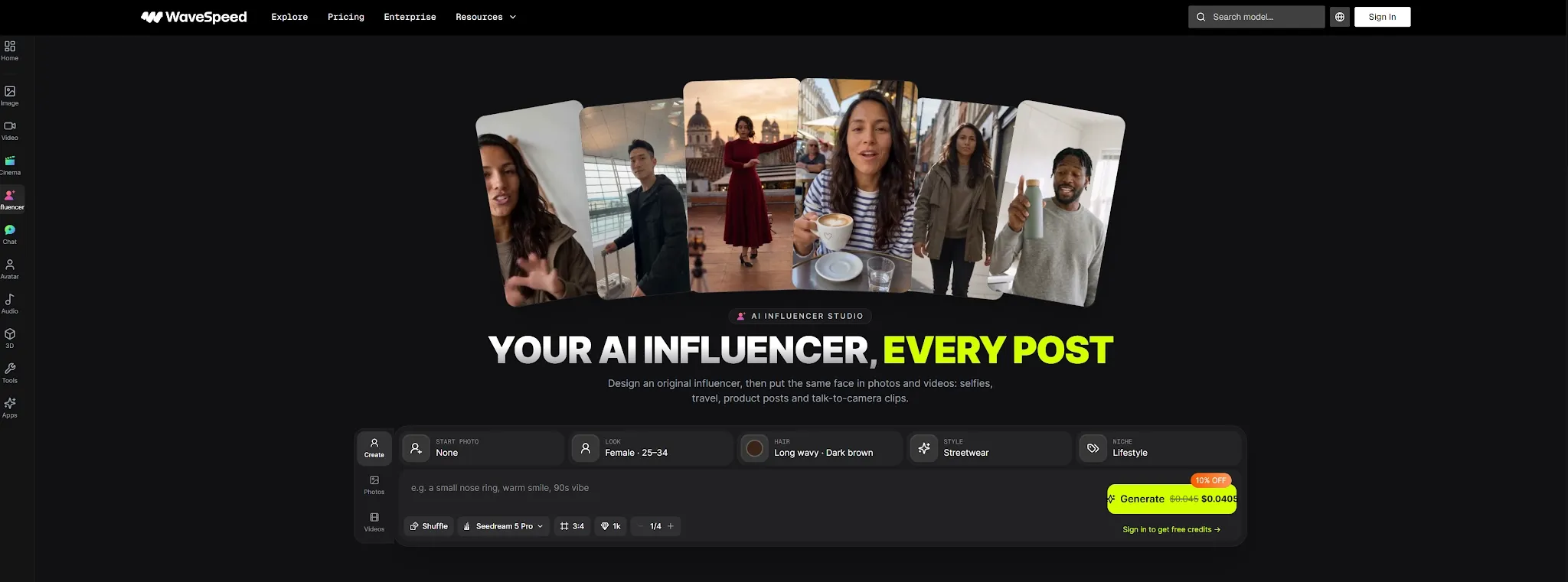 Une interface numérique présentant les outils et options de création d'influenceurs IA.