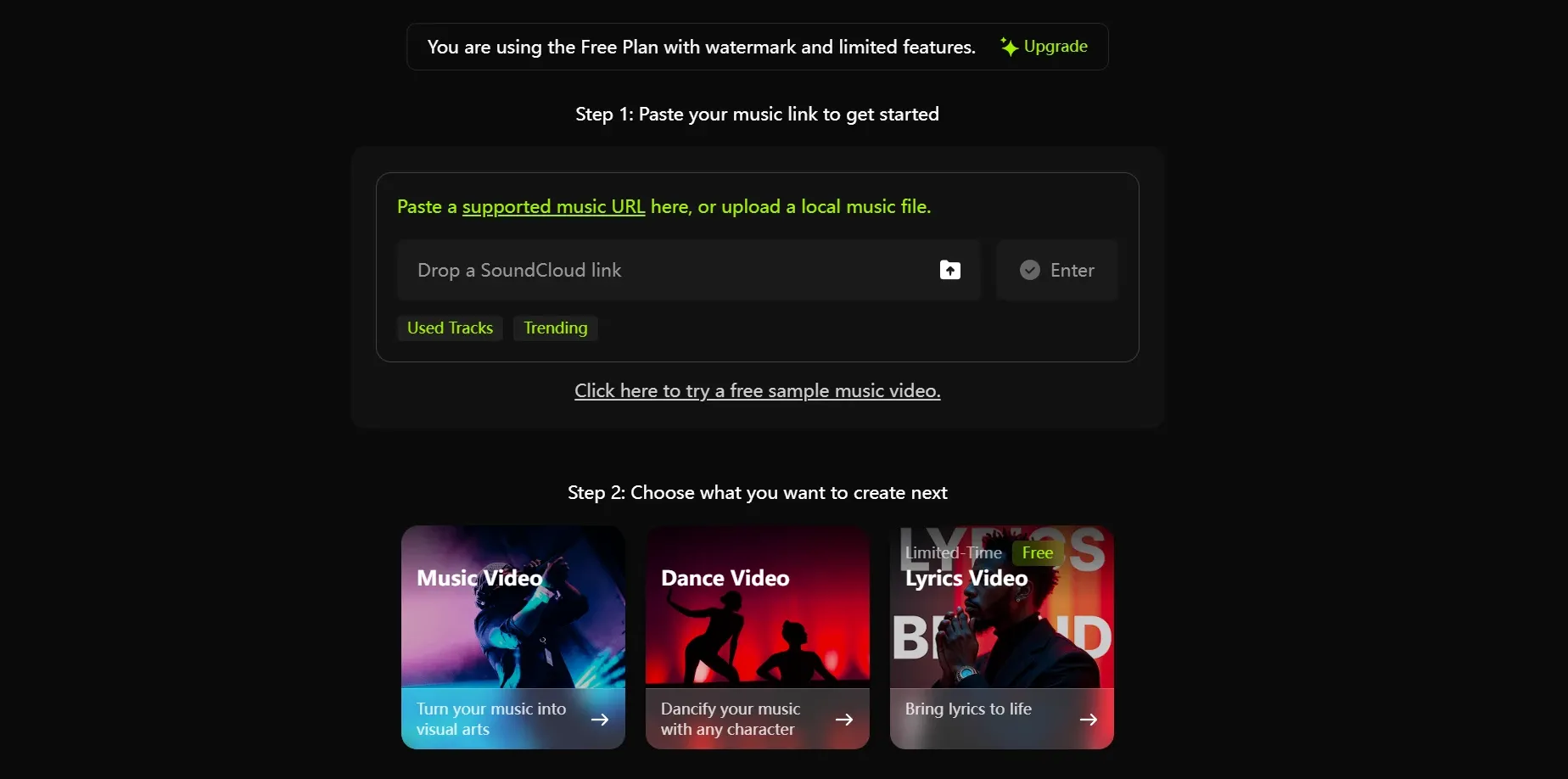 Interface do gerador de videoclipe de IA mostrando aviso de plano gratuito, caixa de upload de link de música e três opções de criação: videoclipe, vídeo de dança e vídeo de letras
