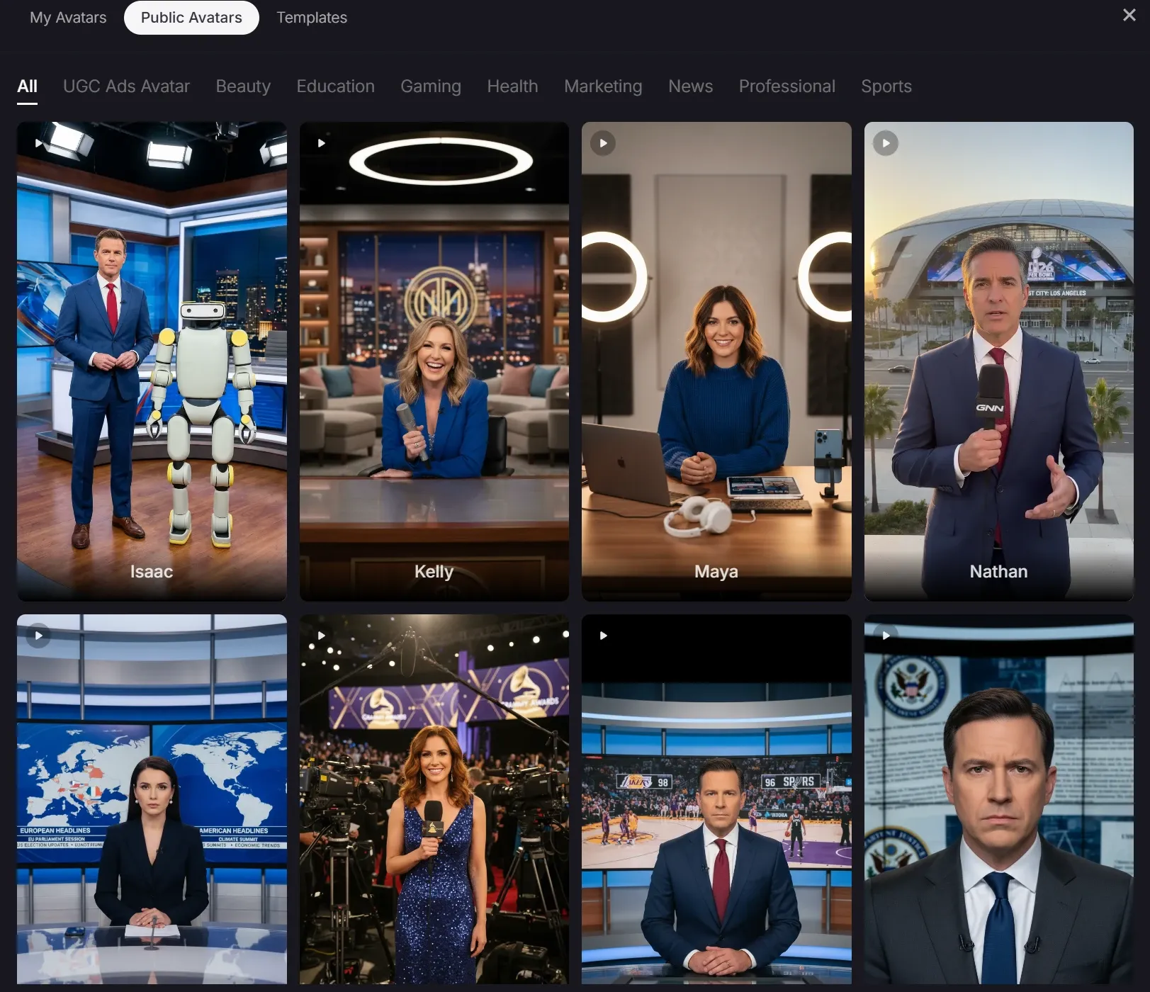 Interfaccia della libreria di avatar di conduttori di telegiornali generati dall'IA con vari modelli di esseri umani digitali professionali come Isaac, Kelly e Maya.