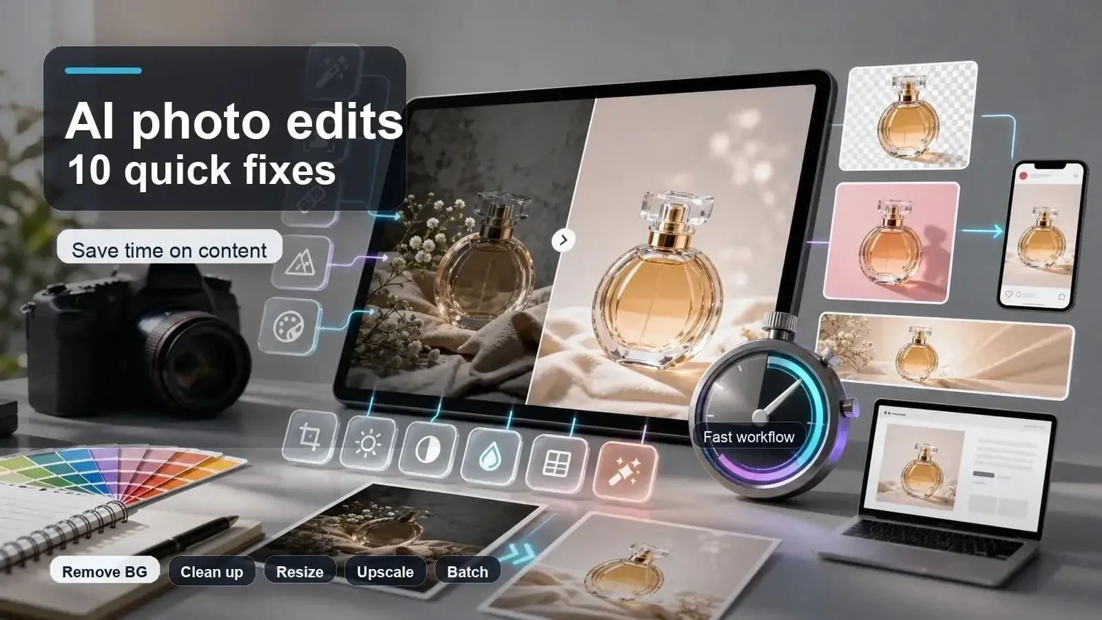 PixelBin feature overview showing cleanup, resize, upscale, background removal, and batch operations.