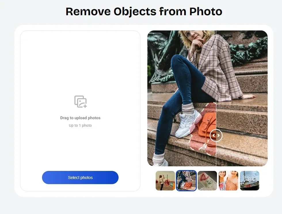 Interfaz de la herramienta de eliminación de objetos en fotos con IA que borra automáticamente elementos no deseados de las imágenes