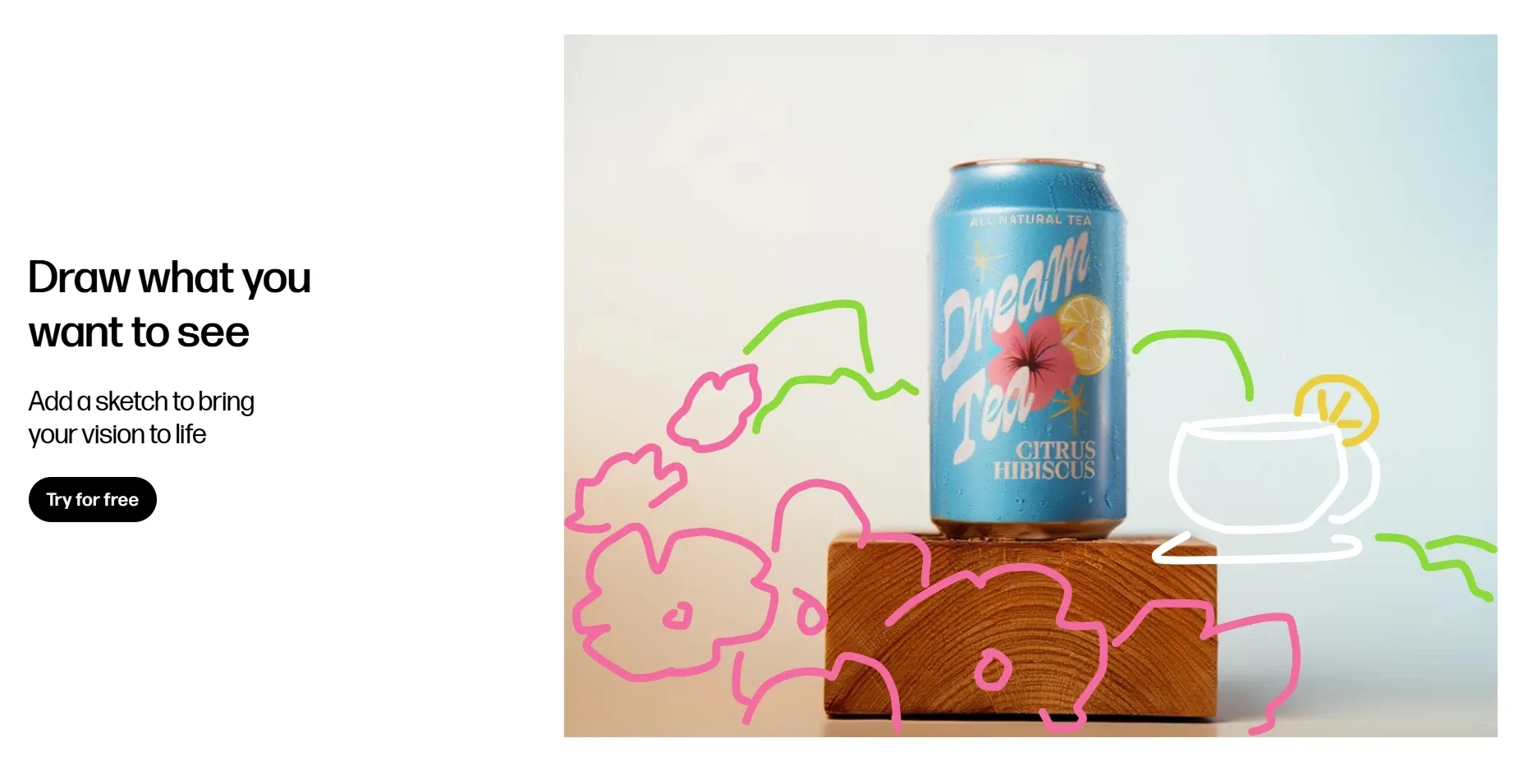 Demo of AI sketch‑to‑image creation function, generating beverage product renderings from hand‑drawn outlines