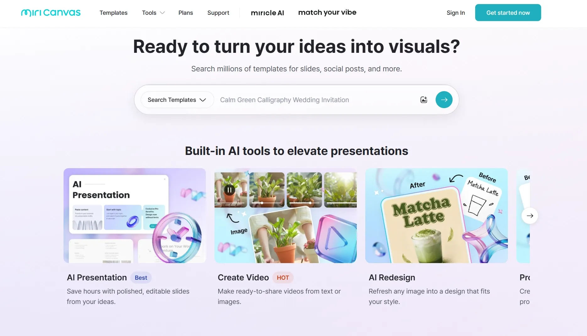 Interface die AI-tools toont voor het maken van presentaties en video’s.