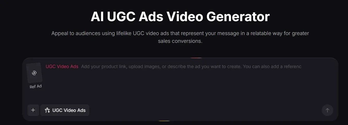 AI UGC ads video generator interface for creating ad videos via product links, images or descriptions