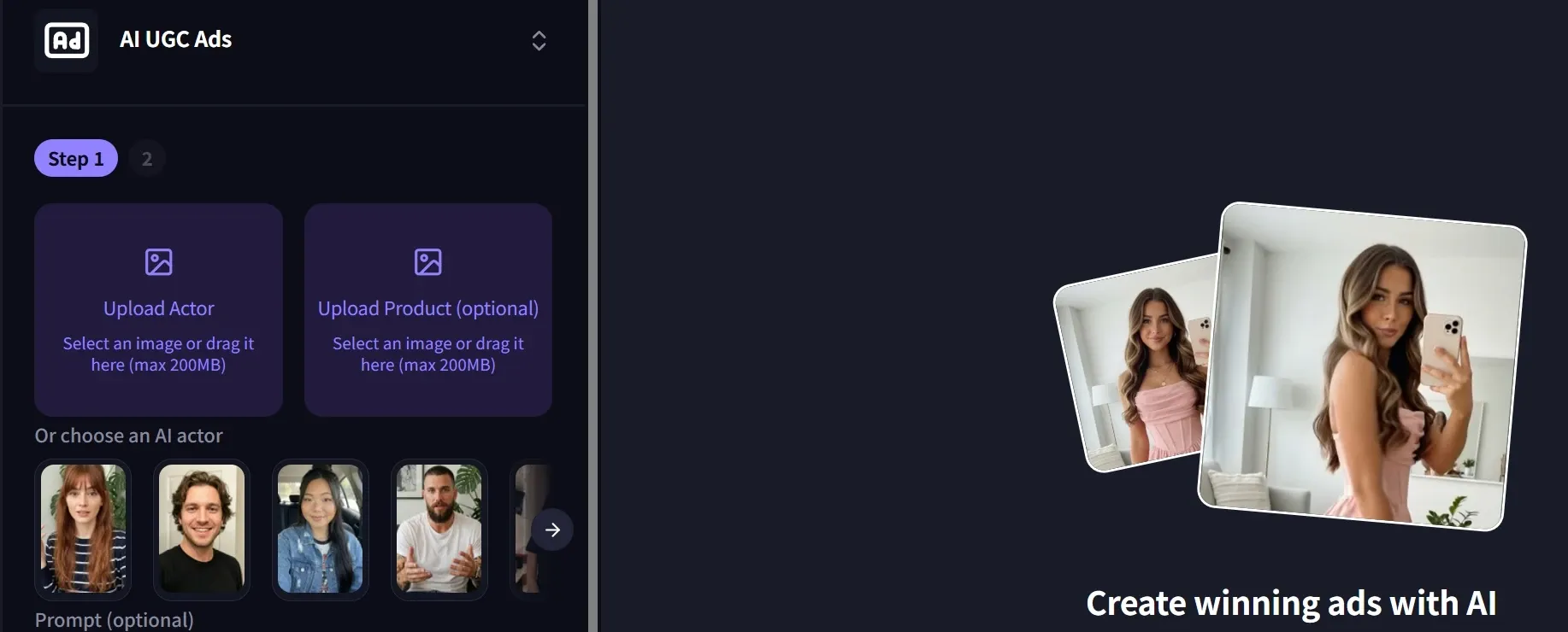 AI UGC ads video generator interface, supporting actor/product upload or preset AI actor selection