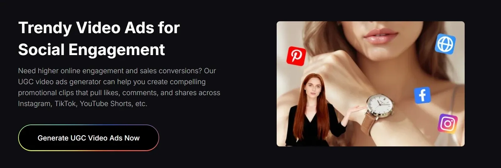 Démonstration d'un générateur de publicités vidéo UGC par IA pour les plateformes de réseaux sociaux comme Instagram, TikTok et Pinterest