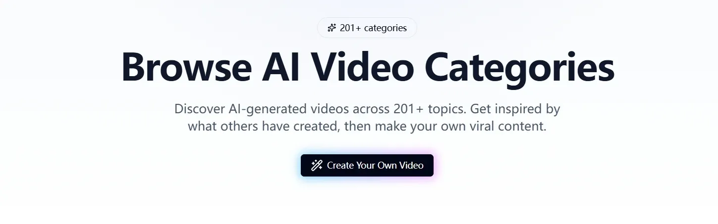 AI video category browsing guide page, covers over 200 creation topics and provides viral content entry