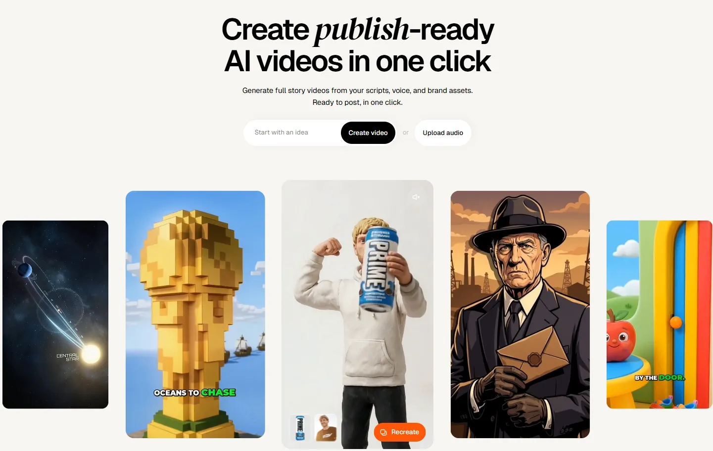 A user interface for creating AI videos with various animated visuals.