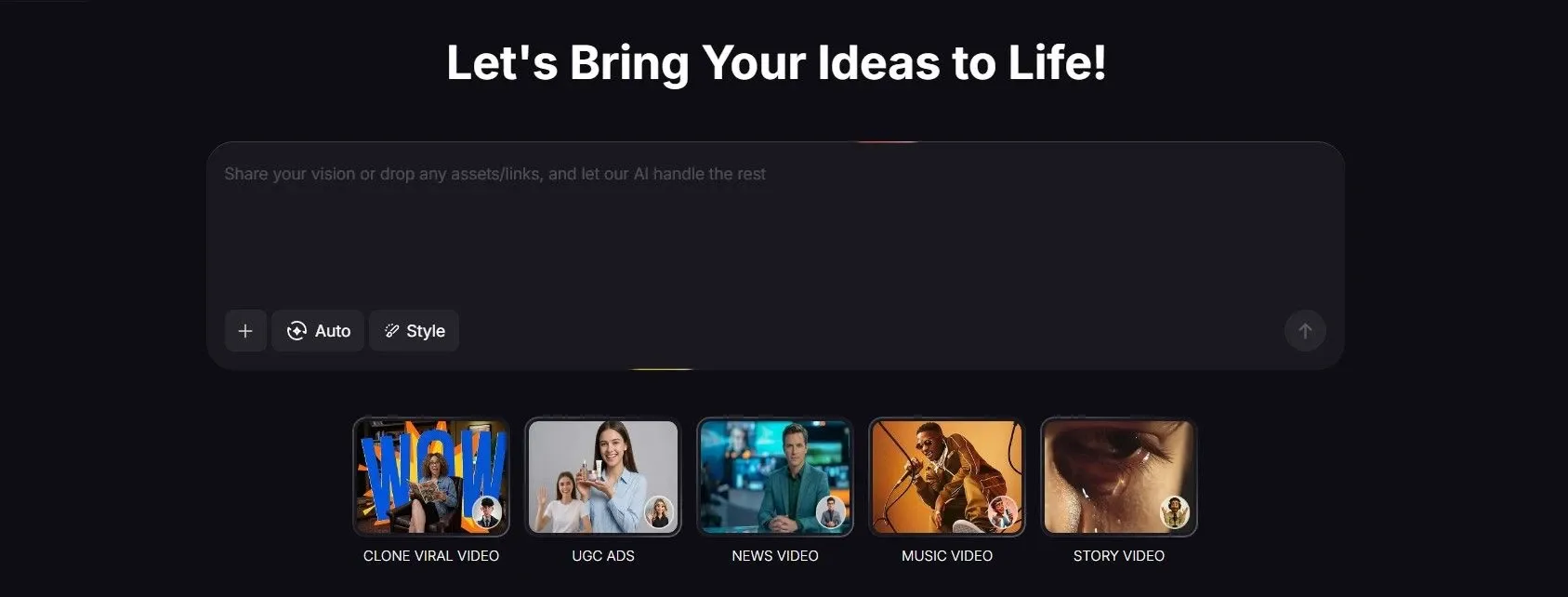 Interface de la plateforme de création vidéo IA avec le titre 