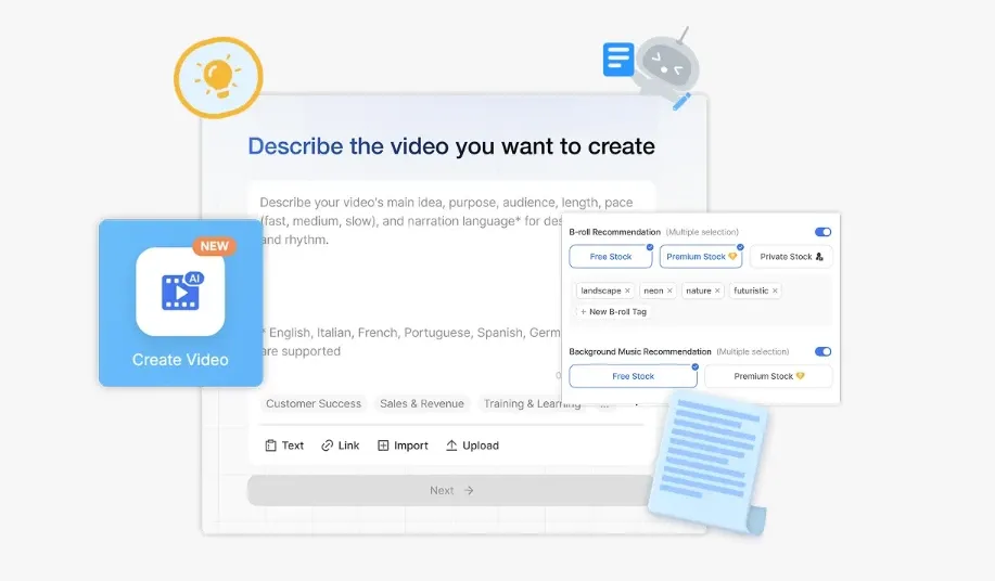 Interface de création vidéo IA avec description textuelle, recommandations B-roll et prise en charge multilingue