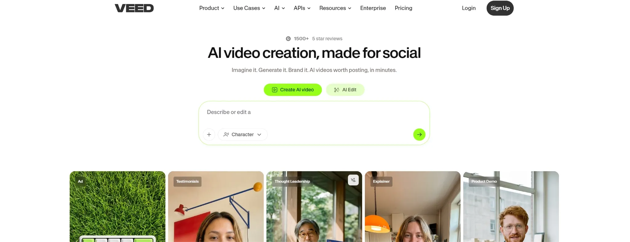 A webpage promoting AI video creation with various user testimonials.