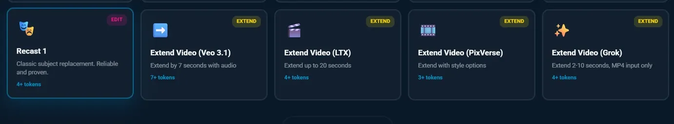 Grid of AI video editing and extending tools including Recast 1 and multiple Extend Video options