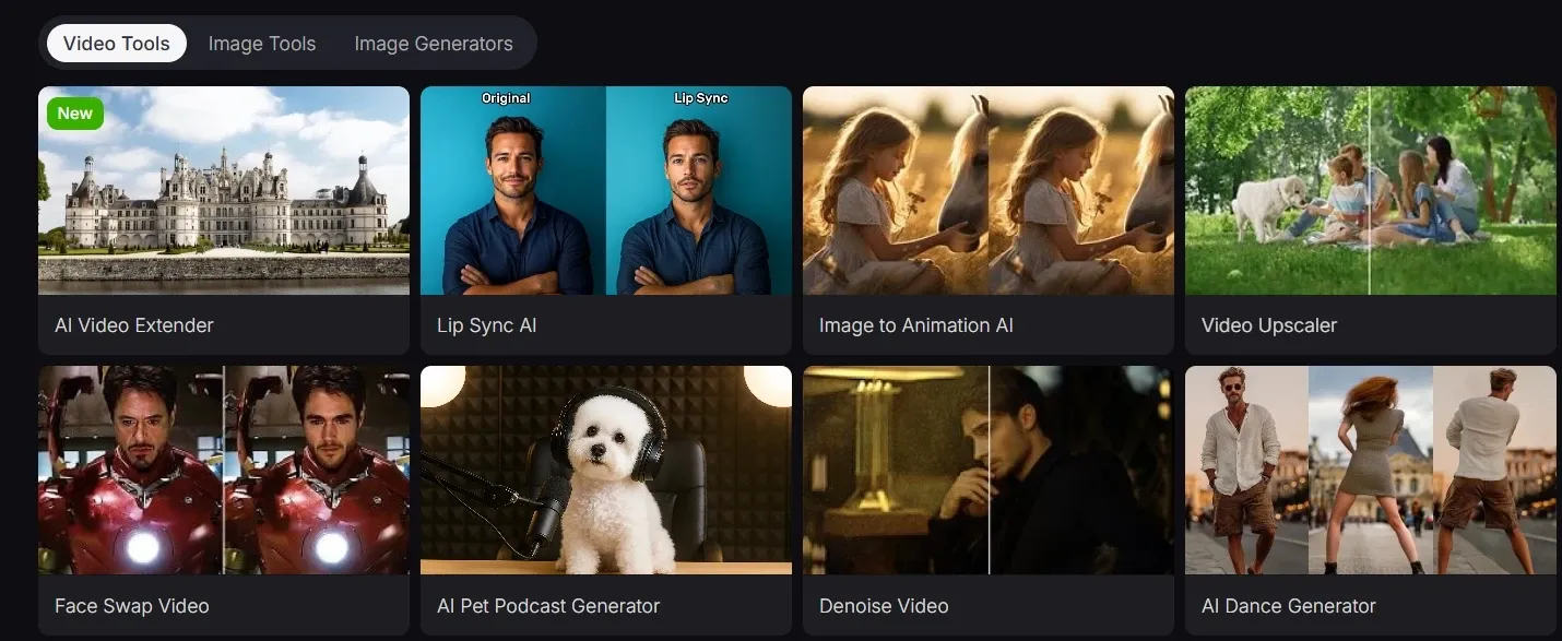AI video editing tools showcase including lip sync, face swap, and video upscaler