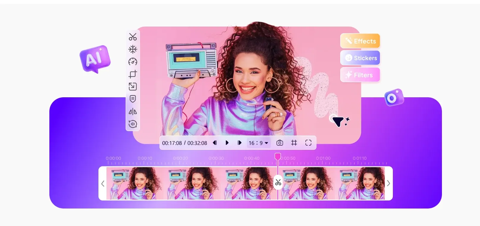 Retro girl style AI short video editing software operation workspace