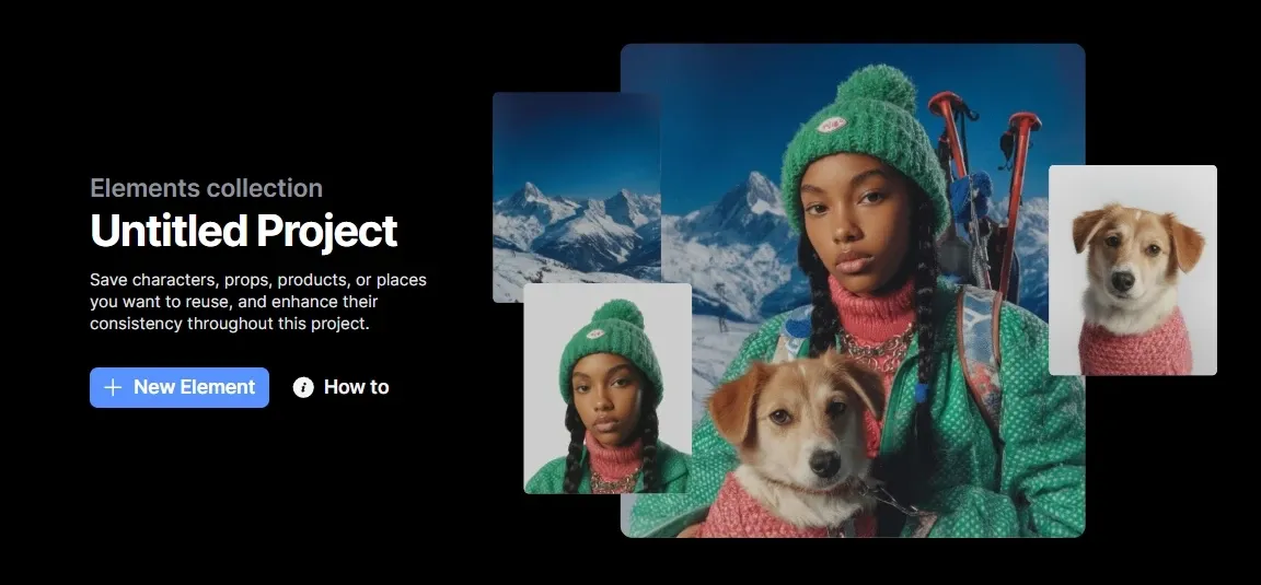 Interface de coleta de elementos do editor de vídeo AI para salvar e reutilizar personagens, adereços, produtos e locais