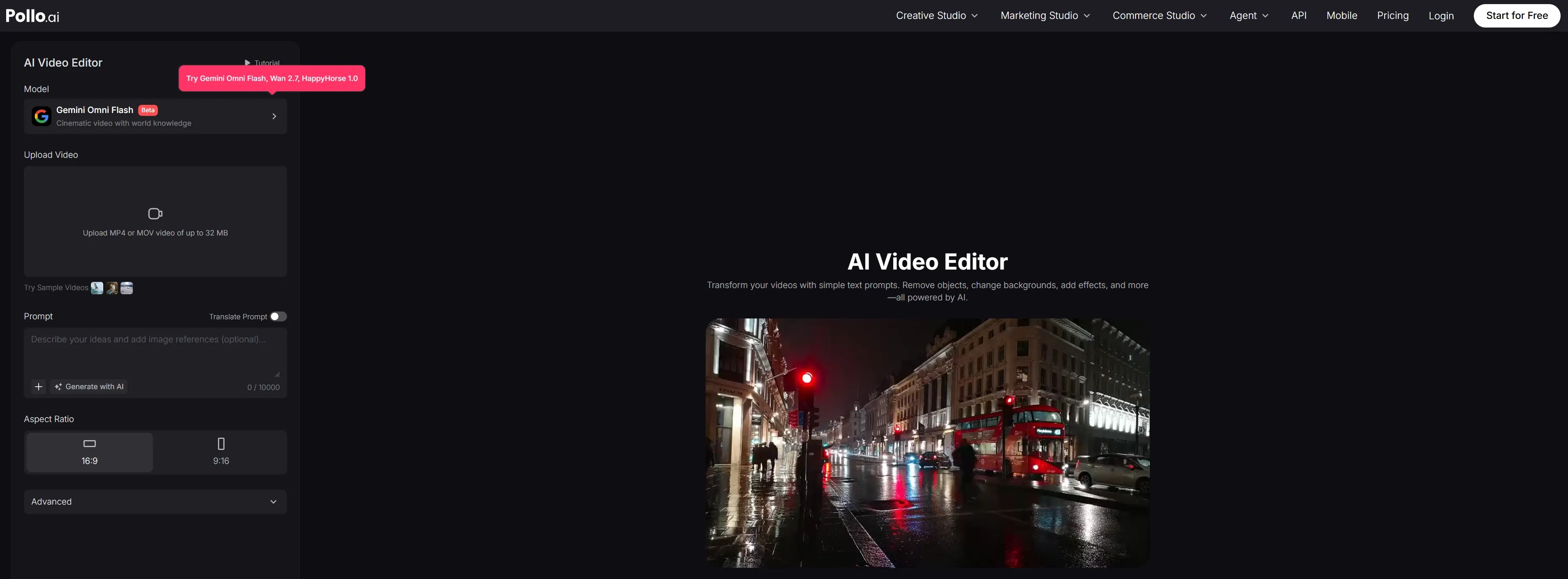A dark-themed interface for an AI video editor with upload options and prompts.
