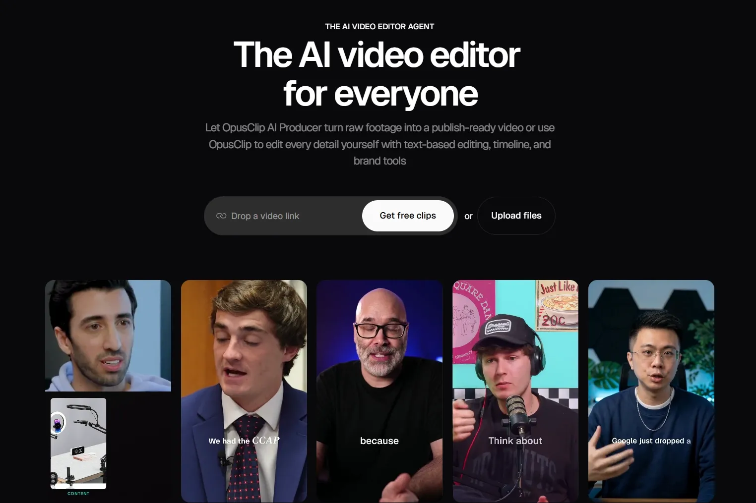 A promotional interface for OpusClip AI video editing tool with user images.