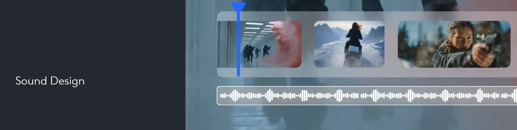 Interface de design de som do editor de vídeo AI com linha do tempo, pré-visualizações de clipes de vídeo e forma de onda de áudio