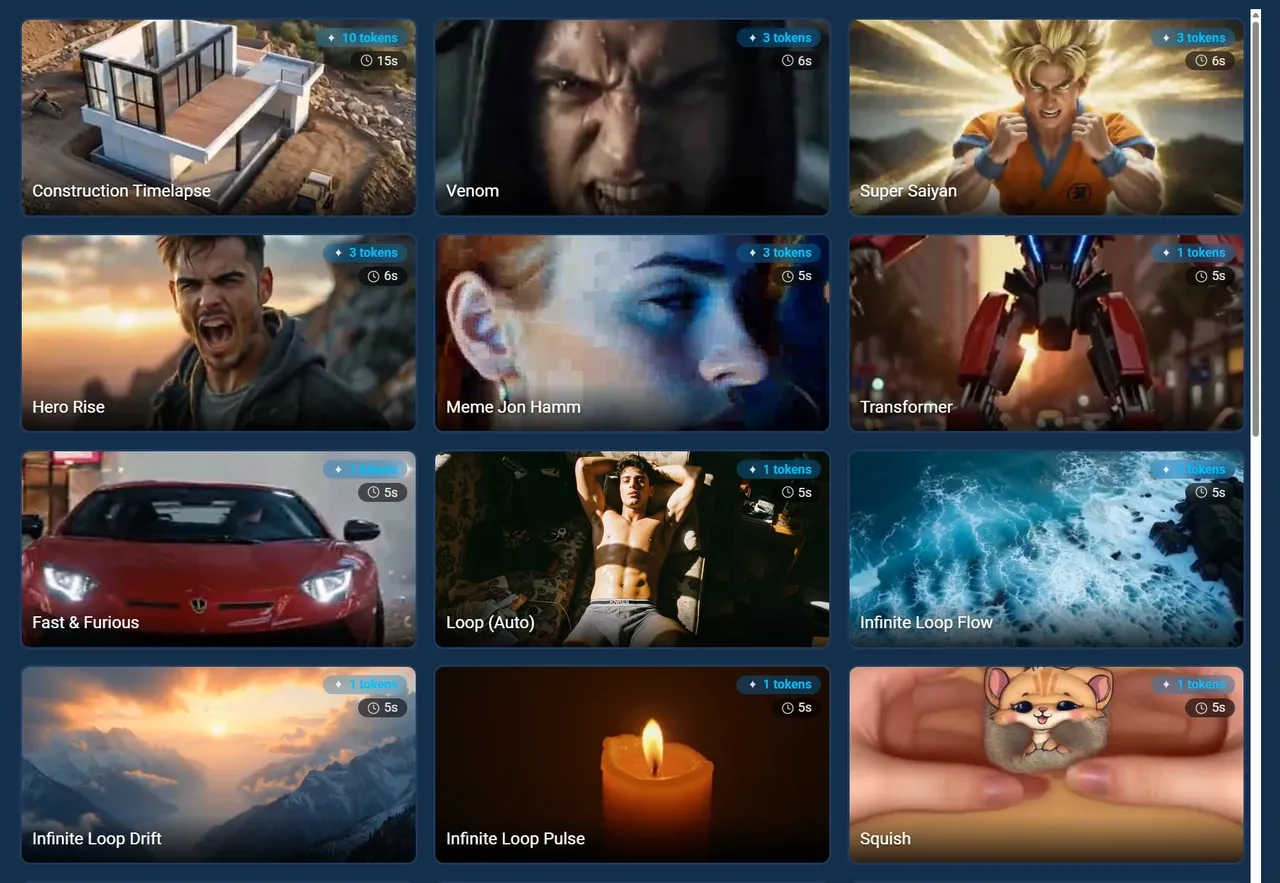 Grid of AI video effect templates with token costs and duration details