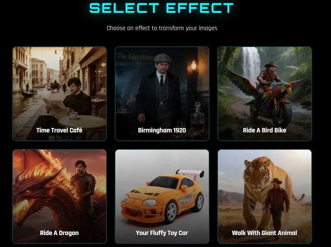 AI video effect template selector interface showing presets like Time Travel Café and Ride A Dragon