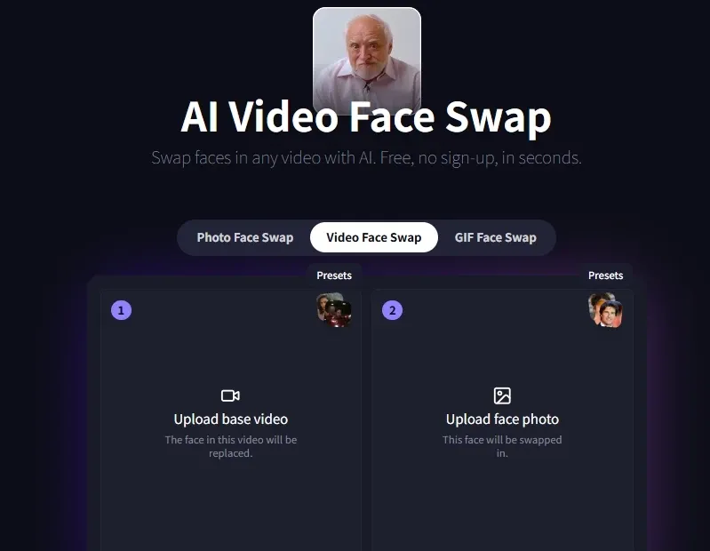 AI video face swap tool interface, supporting base video and face photo upload for video face replacement