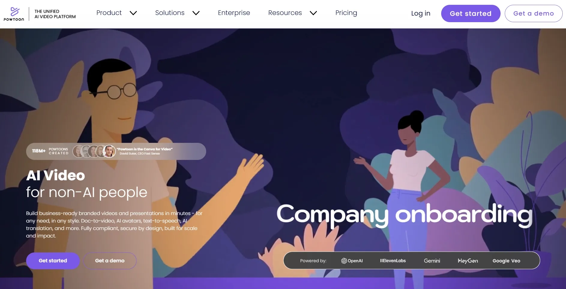 Two animated characters discussing company onboarding in a colorful background.