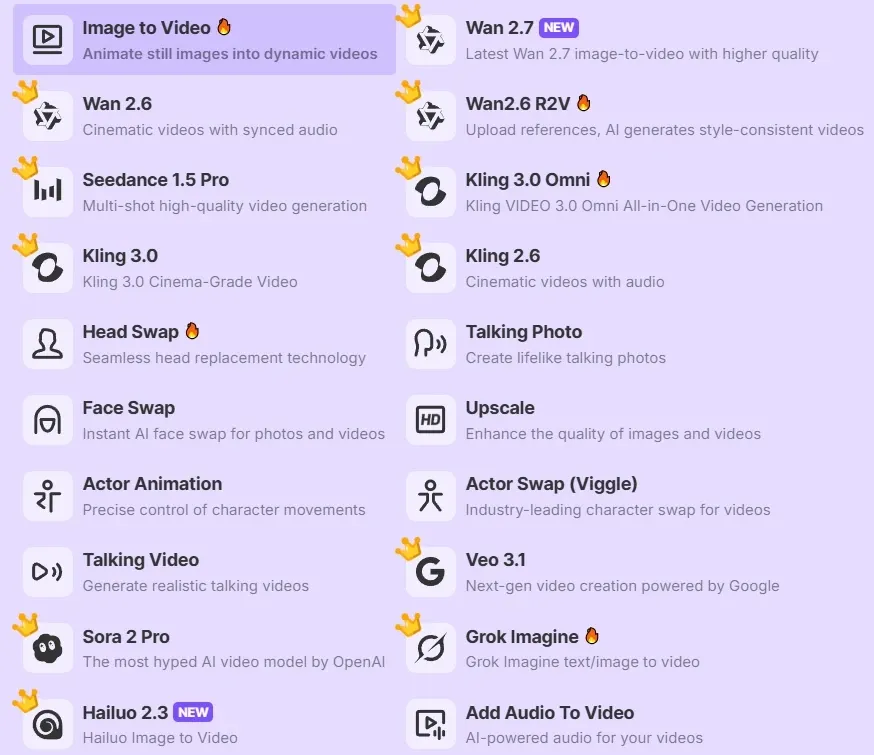 AI video generation tool feature list including text-to-video, face swap, talking photo, video upscale and more