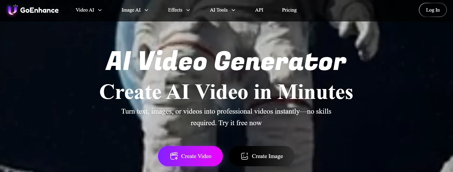 Homepage of an AI video generator with options to create videos and images.
