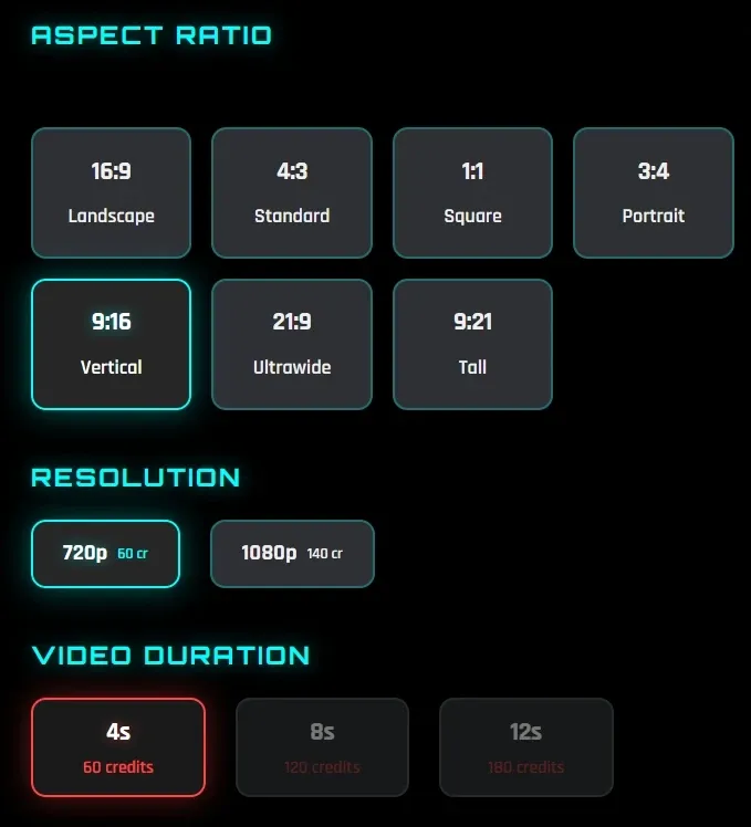 AI video generator settings panel with aspect ratio, resolution and duration options