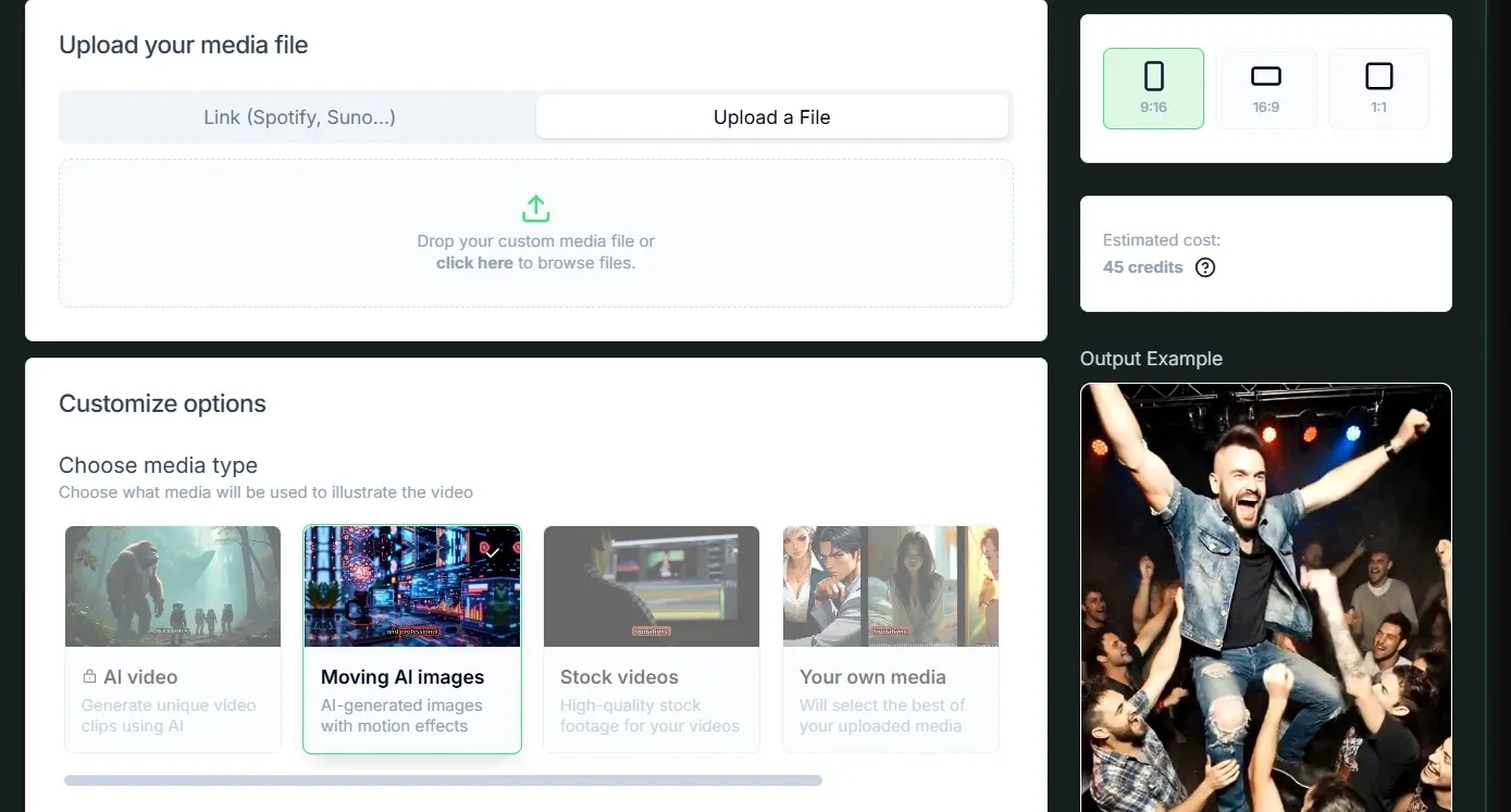 AI video media upload customization panel, supports multiple material types including moving AI images and stock videos