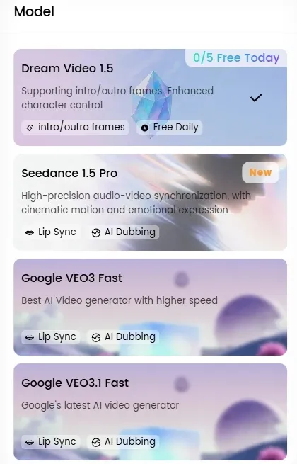 Multiple AI video generation model selection panel, displaying daily free quota and feature details