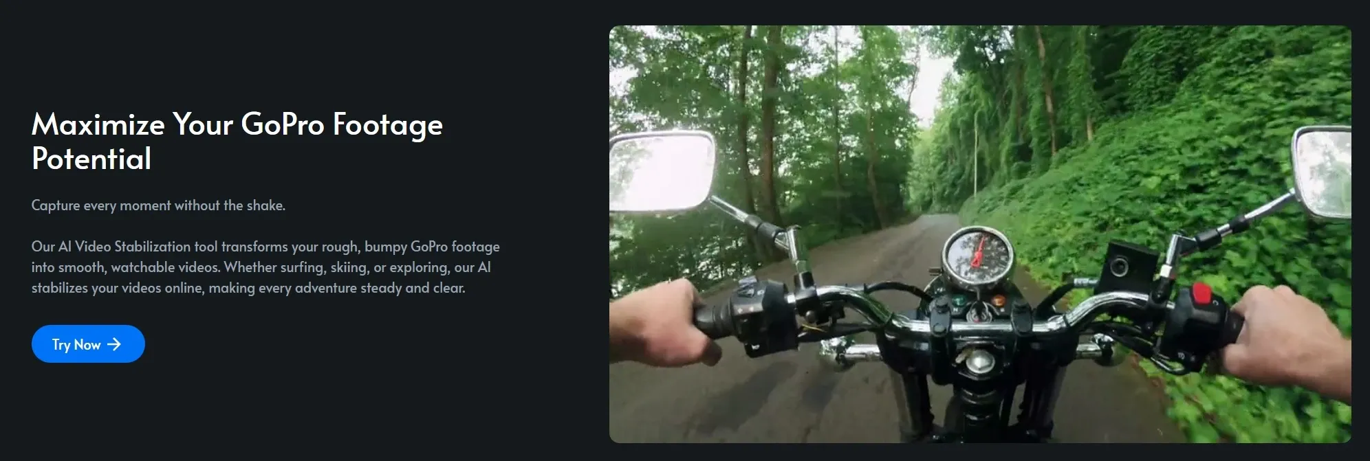 Démonstration de la stabilisation vidéo par l'IA montrant des images fluides d'une balade à moto filmée avec une GoPro