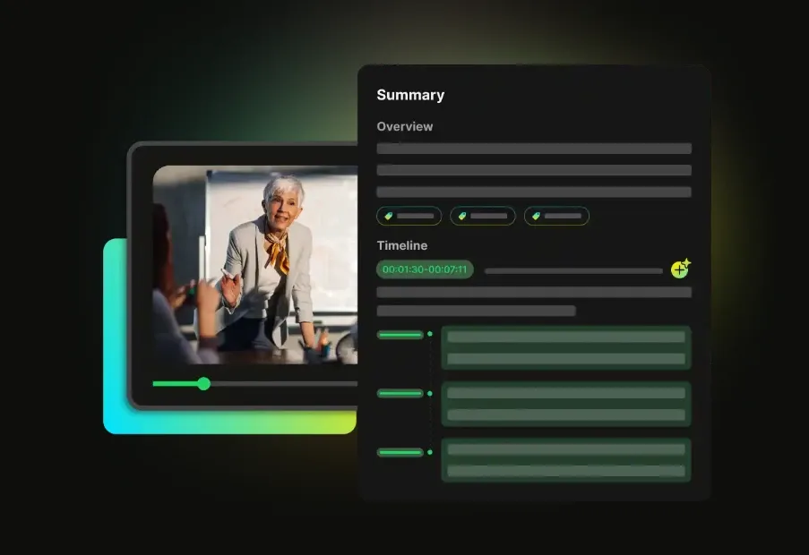 AI video summary and timeline editor interface with video preview and structured content analysis panel