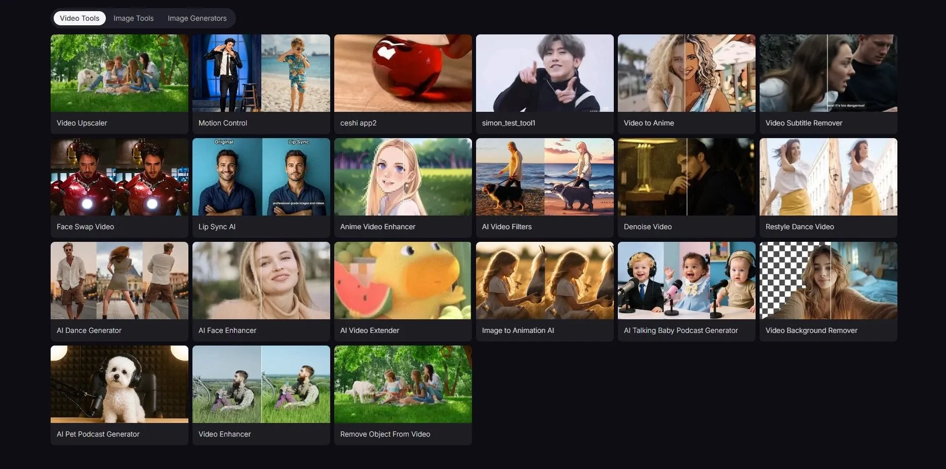 Interface du tableau de bord affichant divers outils d'édition vidéo IA, y compris la mise à l'échelle vidéo, le swap de visages, la synchronisation labiale et la suppression d'arrière-plan