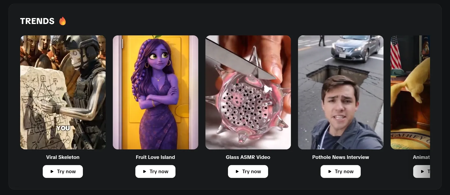 Trends page interface with popular AI video templates