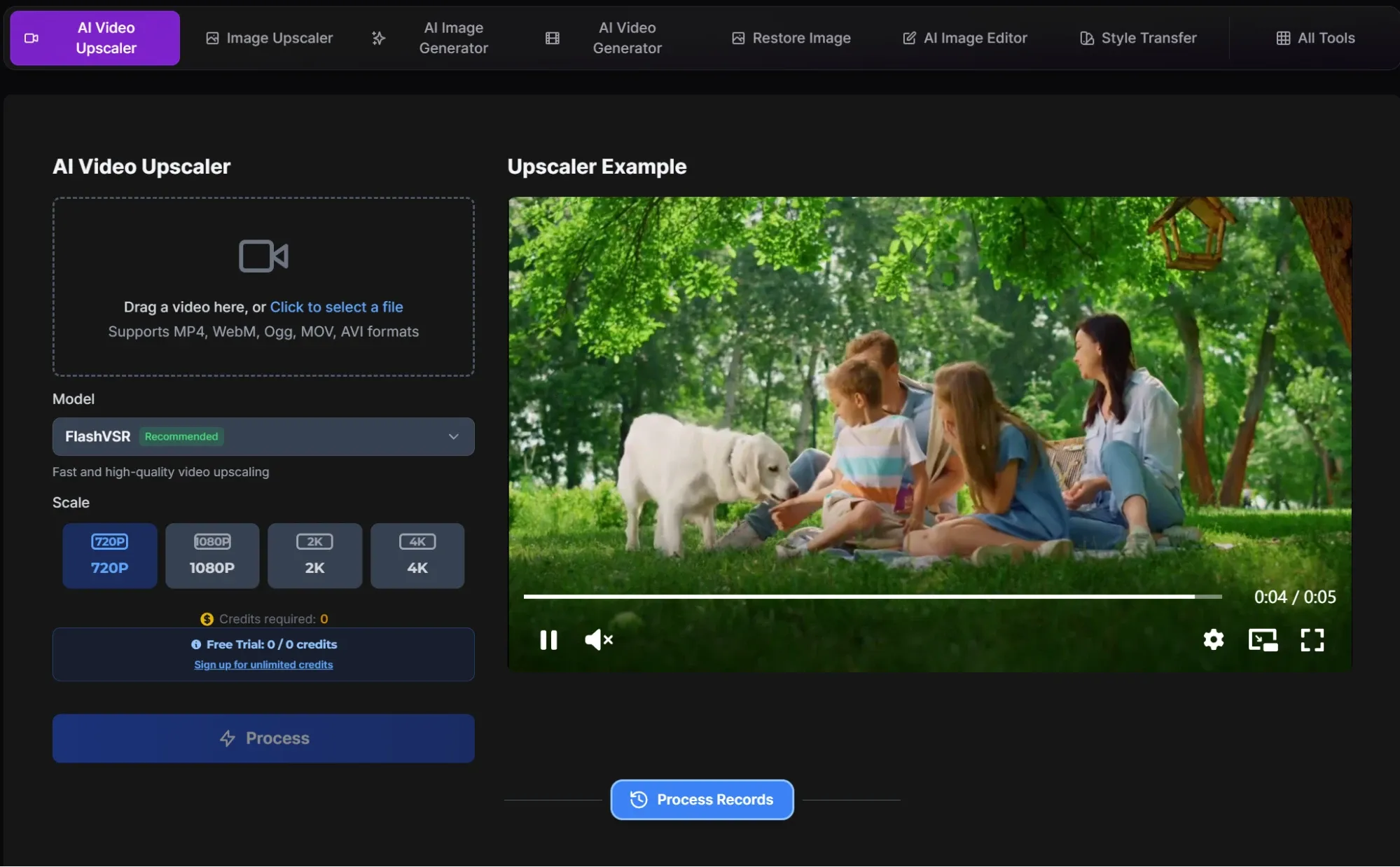 Interface de l'outil AI Video Upscaler prenant en charge l'amélioration vidéo multi-résolution avec prévisualisation en temps réel