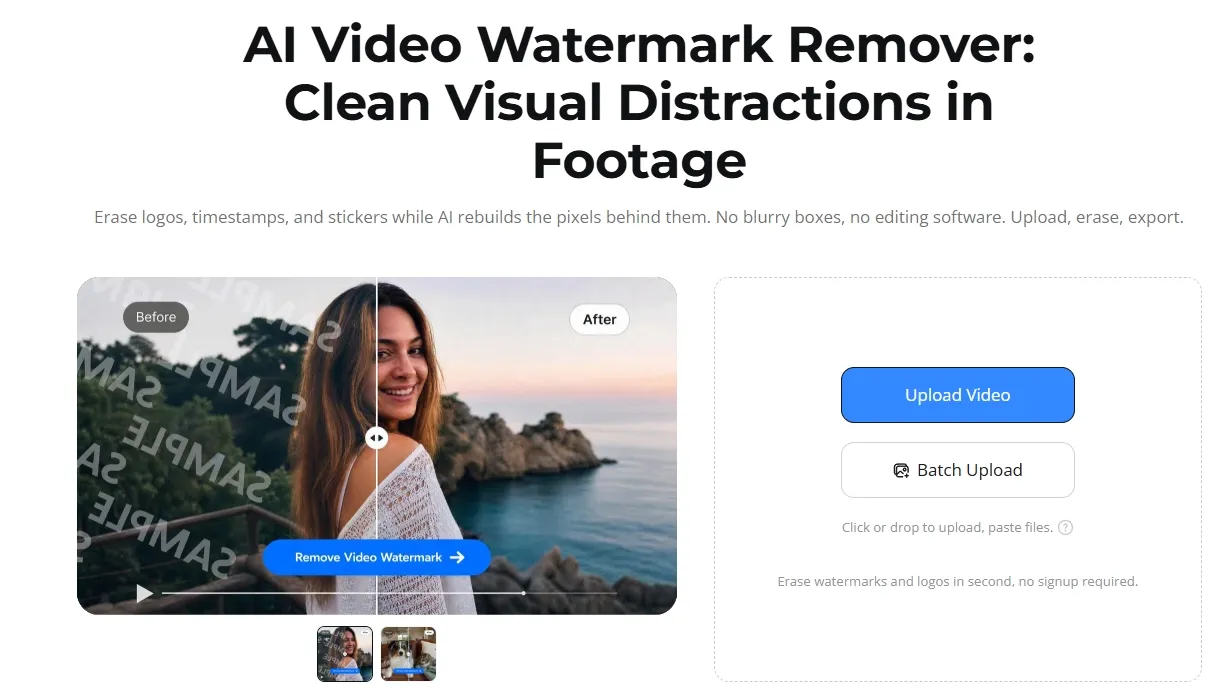ビフォーアフター例付きのAI動画ウォーターマーク除去ツールの画面。