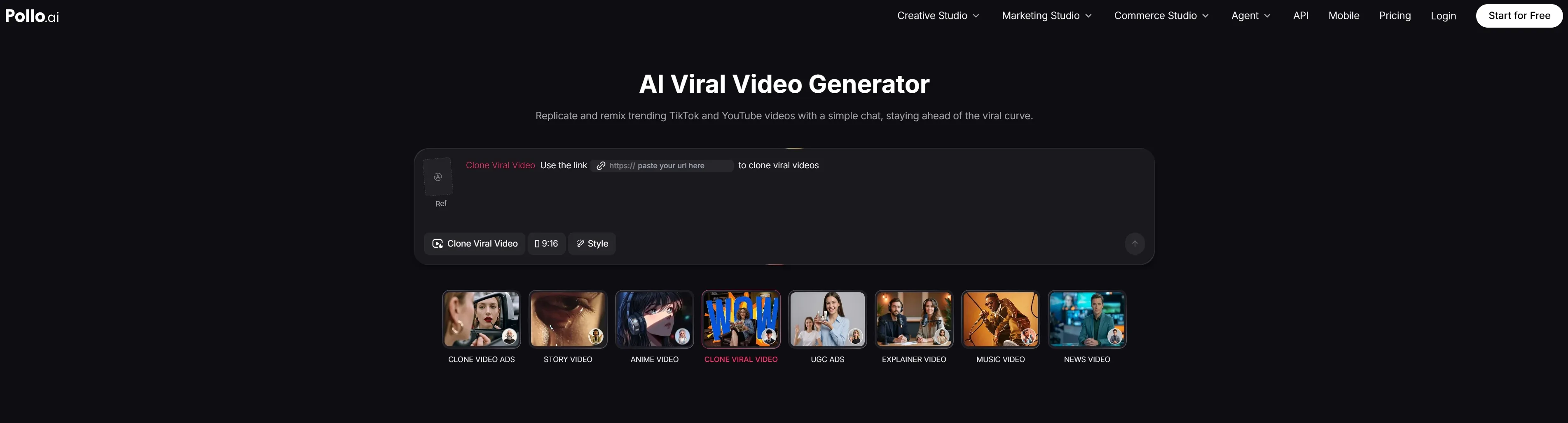 Benutzeroberfläche eines KI-Tools zur Erstellung viraler Videos aus Links.