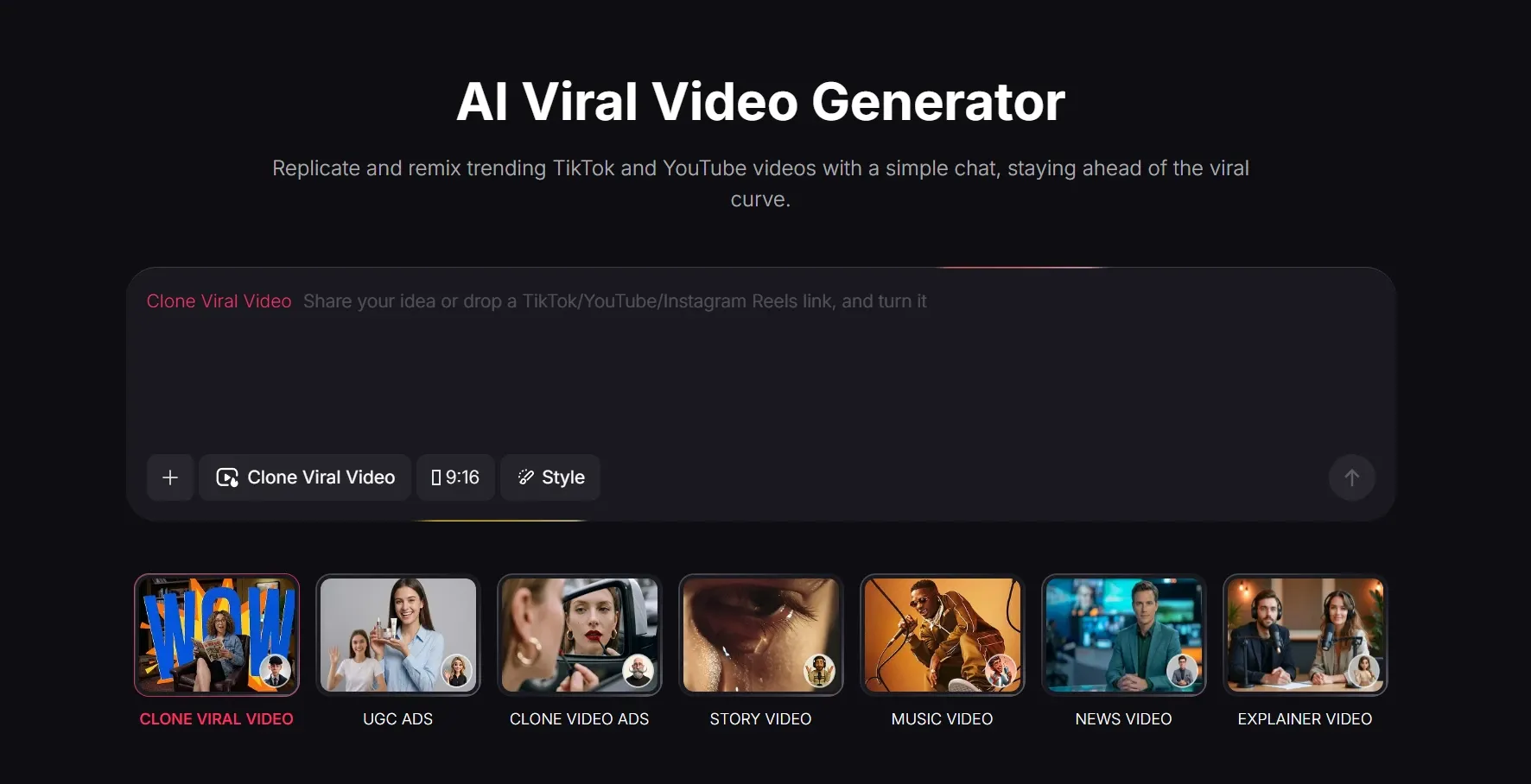 AI Viral Video Generator-grænseflade, der efterligner populære TikTok- og YouTube-videostile for at skabe viralt indhold
