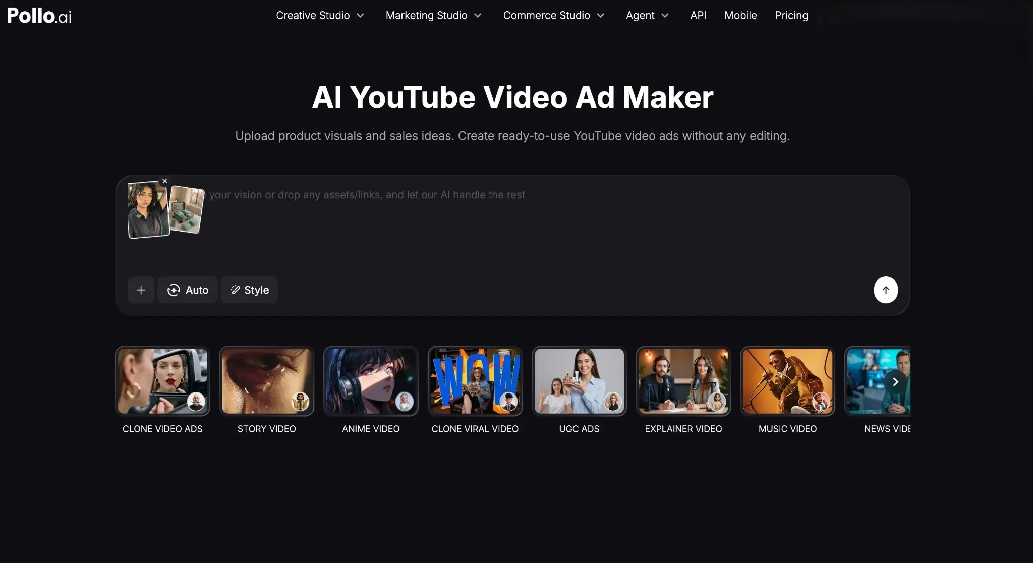 Grænseflade til oprettelse af YouTube-videoannoncer med forskellige stilarter og skabeloner.