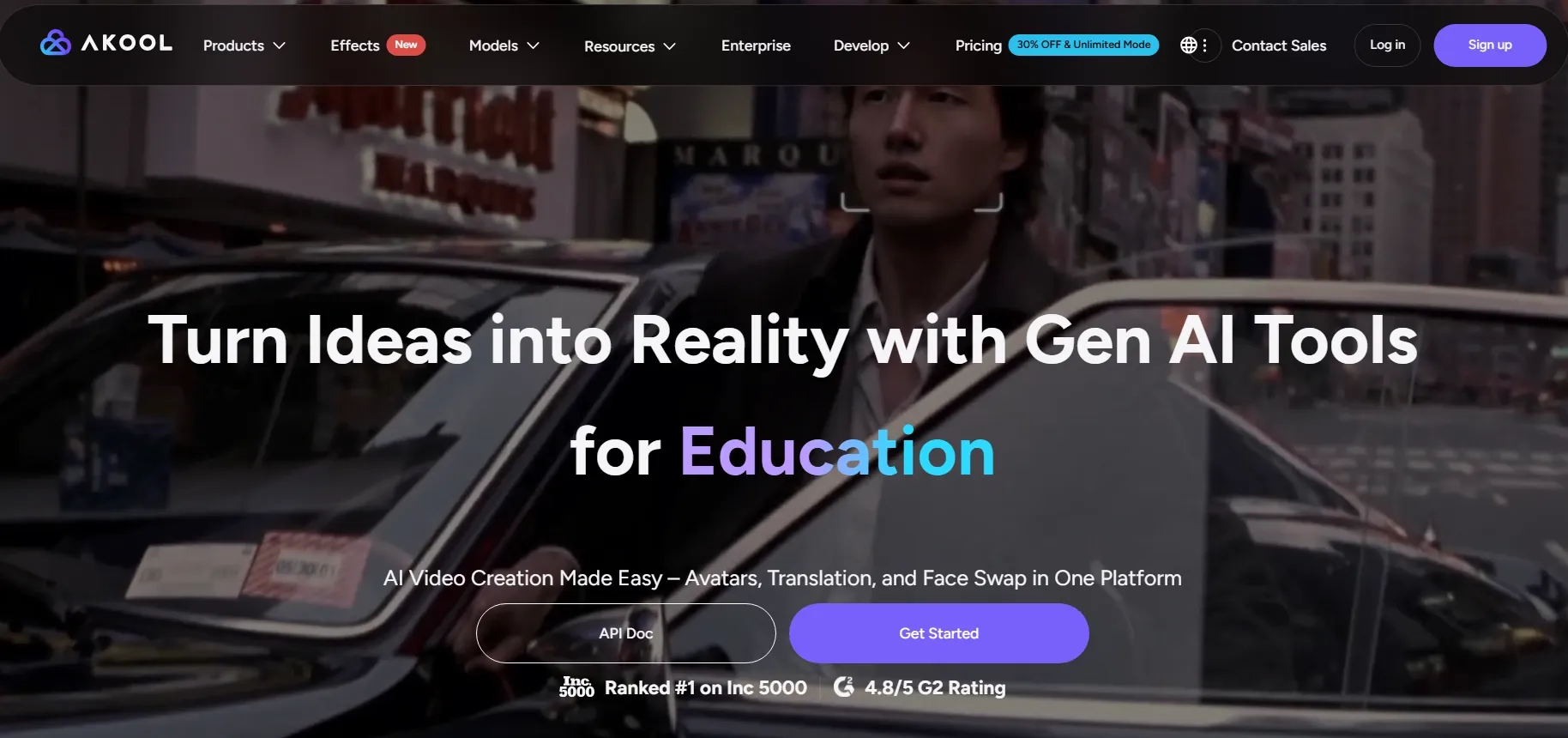 Bannière de site web faisant la promotion d'outils d'IA pour l'éducation, avec une ville en arrière-plan.