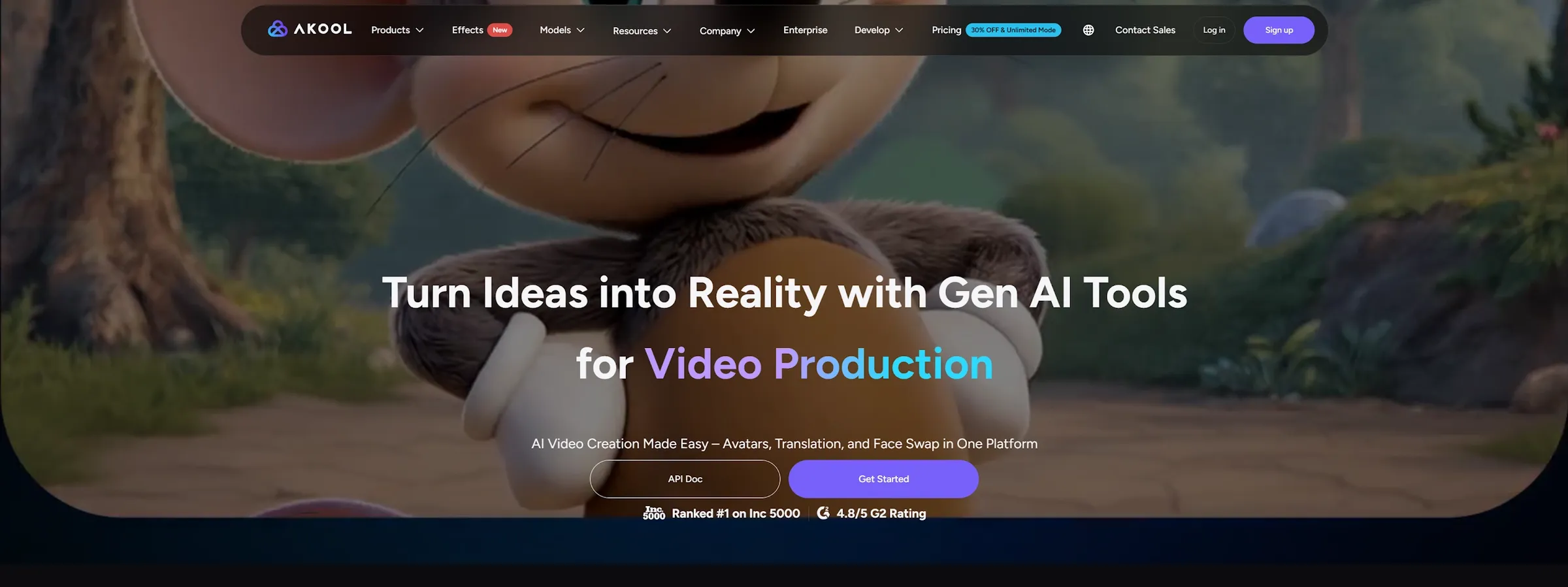 Vedi l'originale Akool ,包括Prodotti、Effetti、Modelli等选项。中间大字标题为“Turn Idee trasformate in realtà con la Gen AI T...