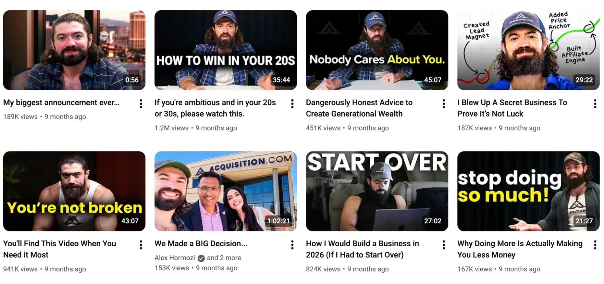 Alex Hormoziによるビジネスと起業に関する動画サムネイルを表示するYouTubeページ